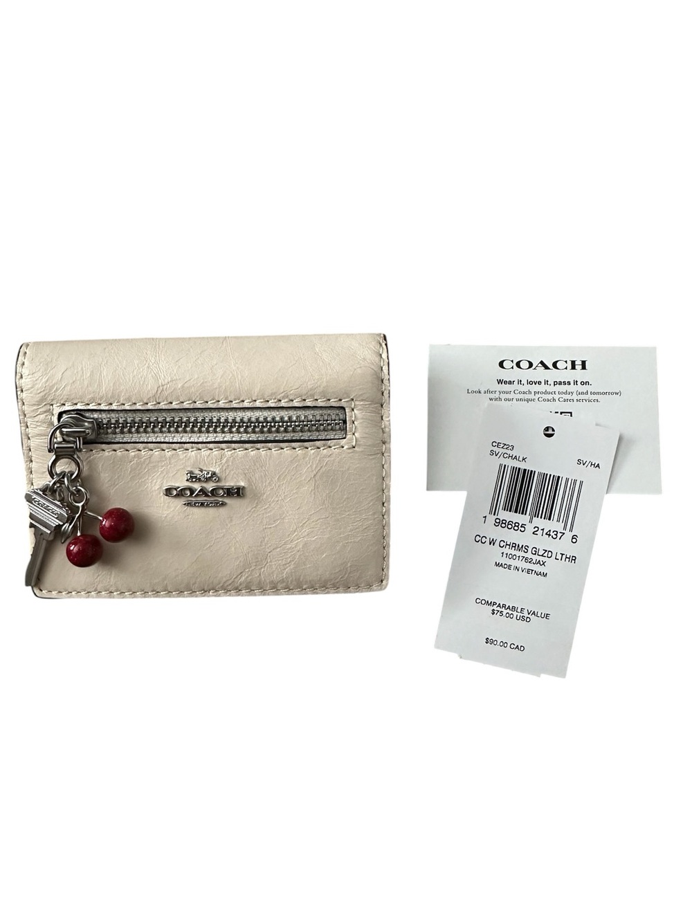Coach Cherry And Key Charm Glazed Leather Card Case Wallet – Chalk White (NWT)**